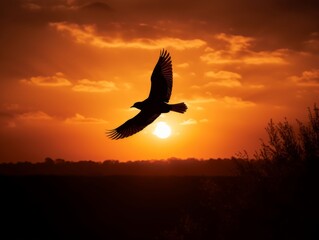 Fototapeta na wymiar A silhouette of a bird flying against a warm sunset
