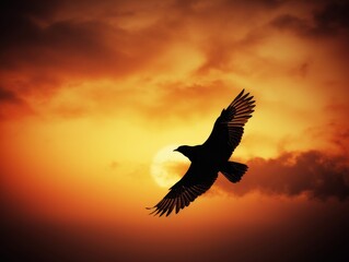 Fototapeta na wymiar A silhouette of a bird flying against a warm sunset