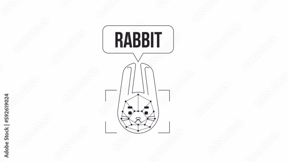 Poster bunny image recognition bw animation. animated rabbit pet 2d flat monochromatic thin line character.