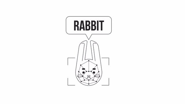 Bunny image recognition bw animation. Animated rabbit pet 2D flat monochromatic thin line character. Vision-based deep learning 4K video concept footage 