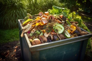 A photo of a compost bin with food scraps and yard waste in it.
