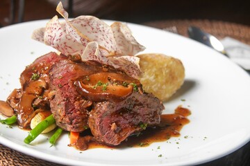 Closeup of a delicious gourmet dish on a table in a restaurant