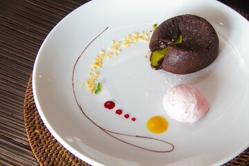 Closeup of a delicious chocolate pastry on a plate in a restaurant