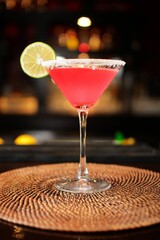 Vertical closeup of a a refreshing pink margarita cocktail on a bar counter
