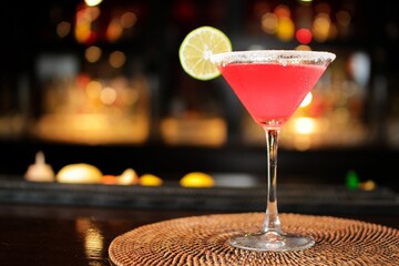Closeup of a a refreshing pink margarita cocktail on a bar counter