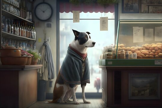 Dog salesman in funny outfit