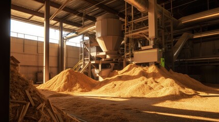 A photo of a biomass power plant with wood chips or other organic material being fed into it.
