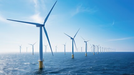 A photo of an offshore wind farm with turbines in the ocean.
