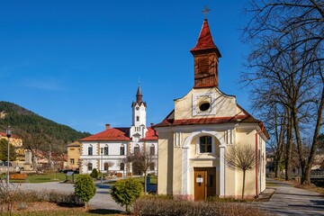 Fototapeta na wymiar Historic building of municipal office, Lubietova village near Banska Bystrica, Slovak republic. Architectural theme.