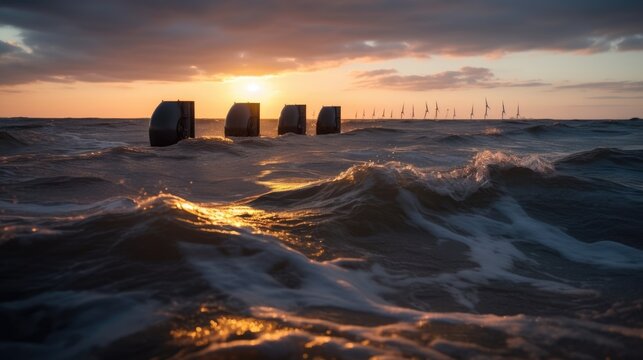 A photo of a tidal power plant with turbines in the water.
