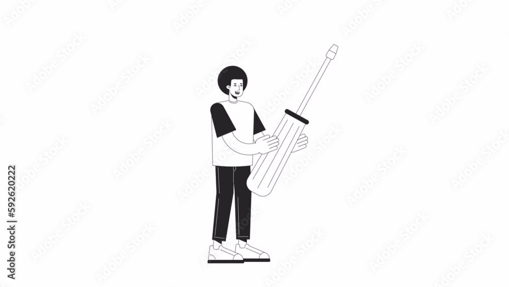 Poster man holding screwdriver bw animation. animated happy male mechanical engineer 2d flat monochromatic 