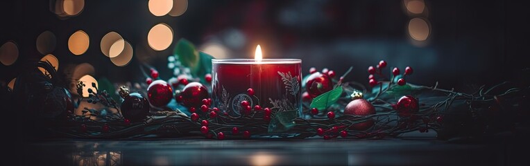 Burning candle and Christmas decoration over snow and wooden background. Generative Ai.