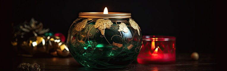 Burning candle and Christmas decoration over snow and wooden background. Generative Ai.