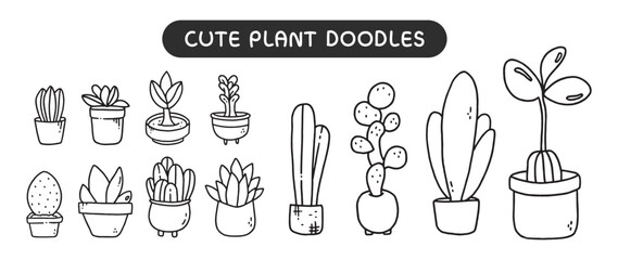Cute plant outline doodle set 