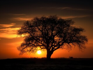 Naklejka na ściany i meble A tree silhouette against a sunset sky