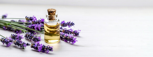 Bottles of essential oil for aromatherapy, alternative medicine or perfumery and a bouquet of fresh lavender on a light wooden background. Banner, space for text. Generative AI - obrazy, fototapety, plakaty