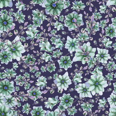 watercolor illustration seamless pattern delicate transparent mallow flower with buds green tint on a blue background,for fabric,packaging,cover or wallpaper.