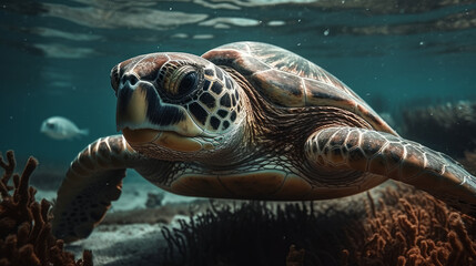 Fototapeta premium Sea turtle close up over coral reef. AI generated