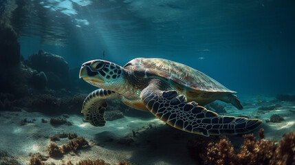 Fototapeta premium Sea turtle close up over coral reef. AI generated