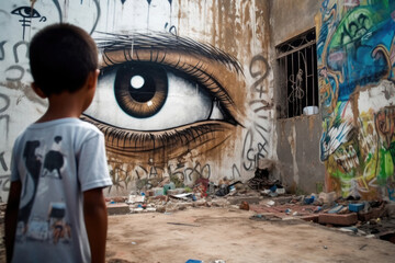 Kind vor Graffiti Wand mit Auge