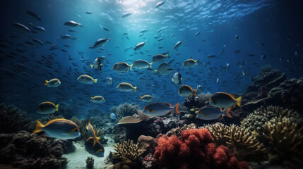 Naklejka na ściany i meble The underwater world with fish and plants. Al generated