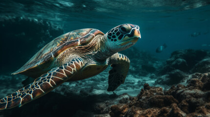 Sea turtle close up over coral reef. AI generated