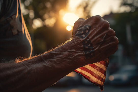 Closeup hand in fist of veteran old man with and American national flag on background,  heroe, Memorial Day, Independence day, AI Generative.