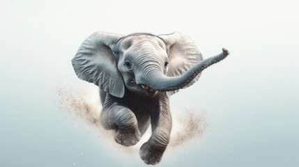 Cute fantastic baby elephant is flying an abstract dream on the background of trees and mountains. Al generated