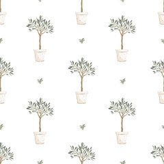 Beautiful young potted olive tree and fruit olives seamless pattern. Vector illustration. Mediterranean background