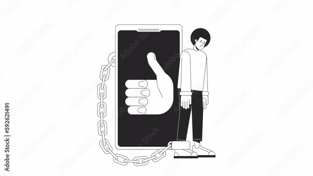 Poster being chained to phone bw animation. animated addicted to likes user 2d flat monochromatic thin line