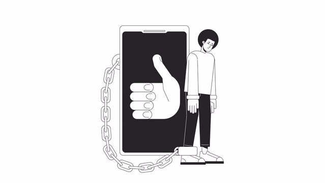 Being chained to phone bw animation. Animated addicted to likes user 2D flat monochromatic thin line character. Social media 4K video concept footage with alpha channel transparency for web design