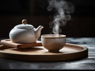 A white porcelain teapot and teacup on a wooden tray with steam rising