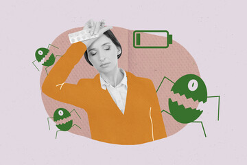 Abstract collage picture of black white colors unsatisfied ill girl hand touch forehead hold pills...