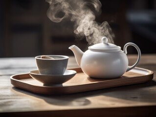 A white porcelain teapot and teacup on a wooden tray with steam rising