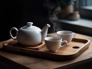 Obraz premium A white porcelain teapot and teacup on a wooden tray with steam rising