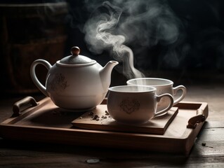 A white porcelain teapot and teacup on a wooden tray with steam rising
