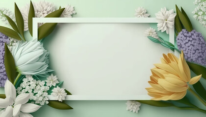Springtime flower border frame with copy space in the middle. Beautiful floral background. AI generative image.