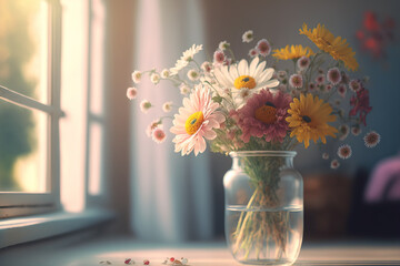 Spring time still live with bouquet of flowers in vase on blurred window background. AI generative image. © vlntn