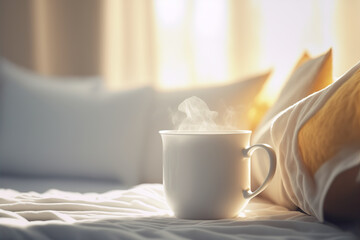 Illustration of cozy morning in the bedroom. Cup with hot drink indoor background with copy space. AI generative image.
