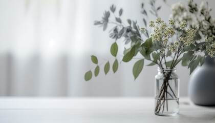 Modern minimal scandinavian style still life with plant and copy space. Light soft colored backdrop. AI generative image.