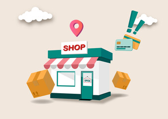 Vector illustration template for landing page, web banner, advertising. We are working again after coronavirus lockdown. Man open a shop, store, small business.