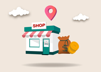 Vector illustration template for landing page, web banner, advertising. We are working again after coronavirus lockdown. Man open a shop, store, small business.