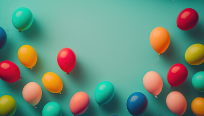 Multicolored balloons on turquoise background. Copy space. Celebration concept. AI generative image.