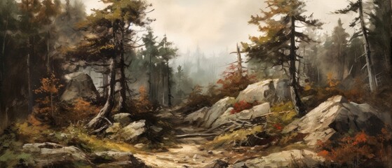 Expansive rocky mountain woodland landscape with jagged and eroded white boulders and pine trees, hazy outdoors with dusty atmosphere and patches of dried grass - generative AI.