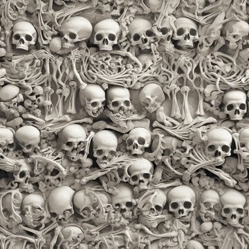 Seamless pattern with human skulls and bones. Endless texture. Scary backdrop. AI generative image.