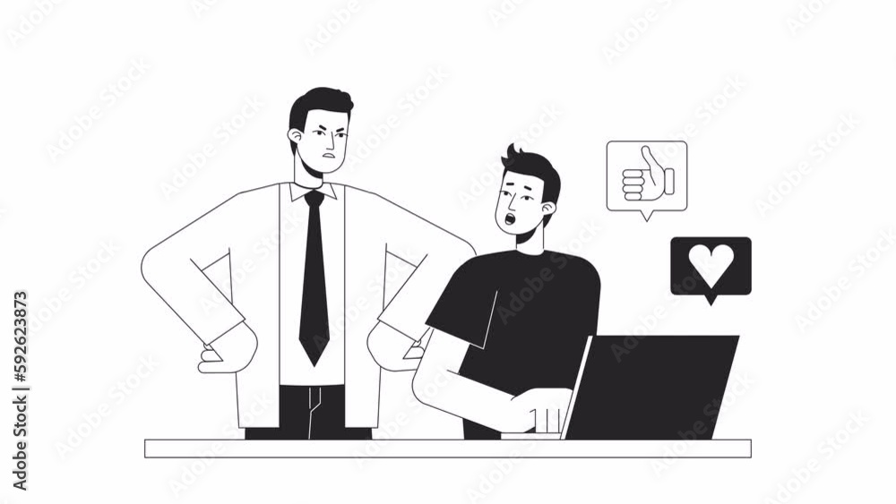Poster cyberloafing at work bw animation. animated distracted employee, angry boss 2d flat monochromatic th
