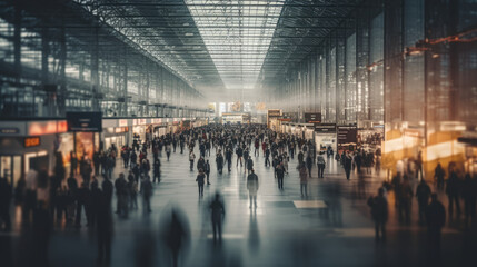Obraz premium Business people in a subway tunnel. Background of an expo with blurred individuals. Al generated