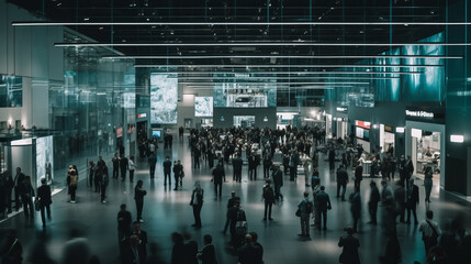 Business people in a subway tunnel. Background of an expo with blurred individuals. Al generated