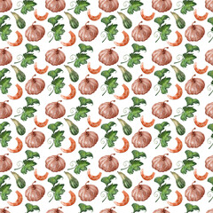 Watercolor seamless pattern with pumpkins and leaves