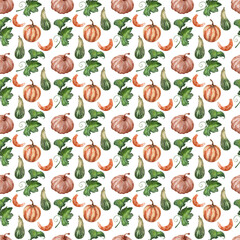 Watercolor seamless pattern with pumpkins and leaves